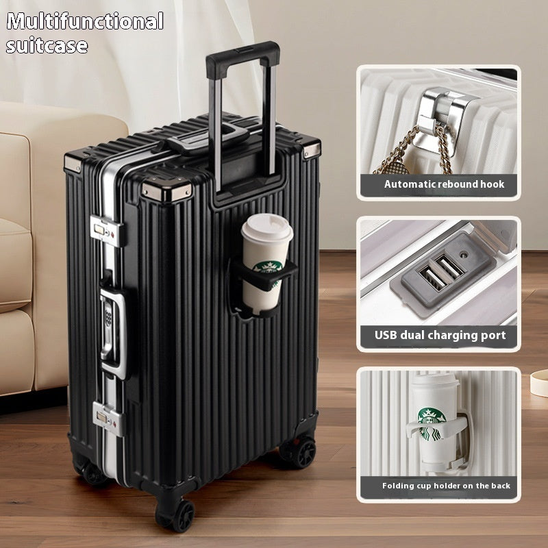 Aluminum Frame Smart Travel Luggage with USB & Cup Holder