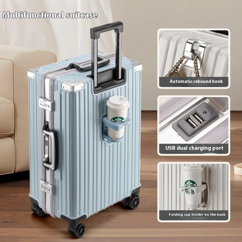 Aluminum Frame Smart Travel Luggage with USB & Cup Holder