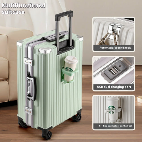 Aluminum Frame Smart Travel Luggage with USB & Cup Holder