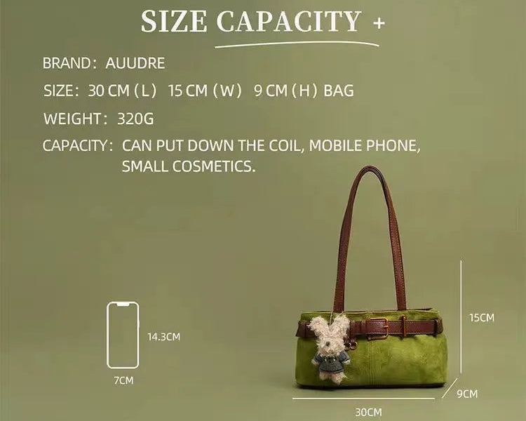 Green handbag with brown handle and strap, featuring product details on a green background.