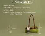 Green handbag with brown handle and strap, featuring product details on a green background.