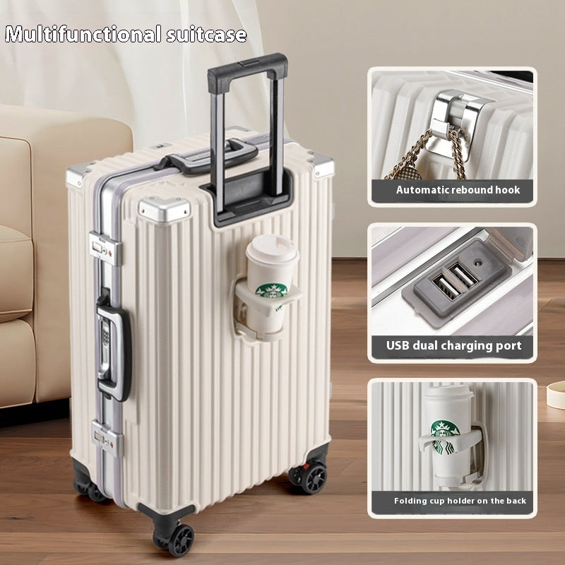 Aluminum Frame Smart Travel Luggage with USB & Cup Holder