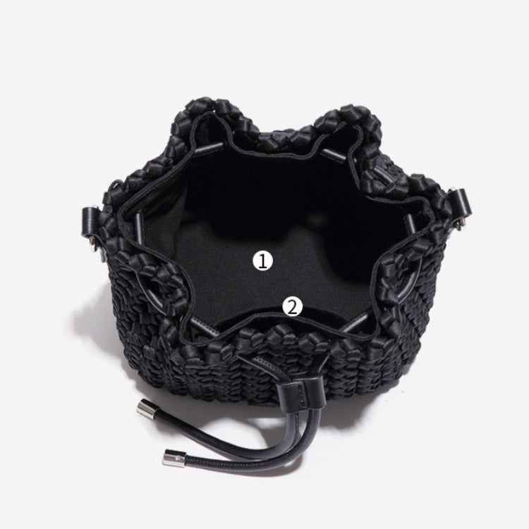 Black woven bag with interior structure diagram on a white background