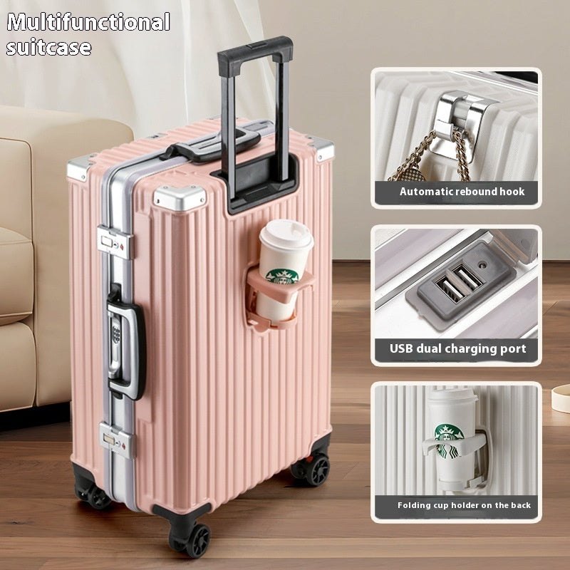 Aluminum Frame Smart Travel Luggage with USB & Cup Holder