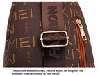 Brown bag with gold lettering and an adjustable shoulder strap, featuring a visible brand logo.