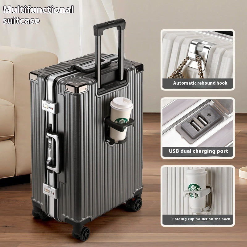 Aluminum Frame Smart Travel Luggage with USB & Cup Holder