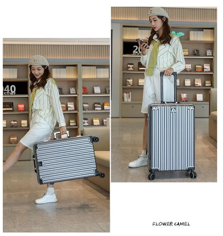 Two images of a woman holding a silver suitcase in a store setting, with 'Flower Camel' branding.