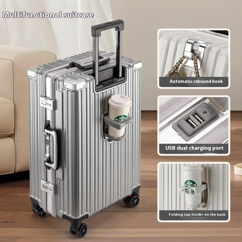 Aluminum Frame Smart Travel Luggage with USB & Cup Holder