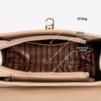 Diagram of a beige handbag's internal structure with labeled compartments.
