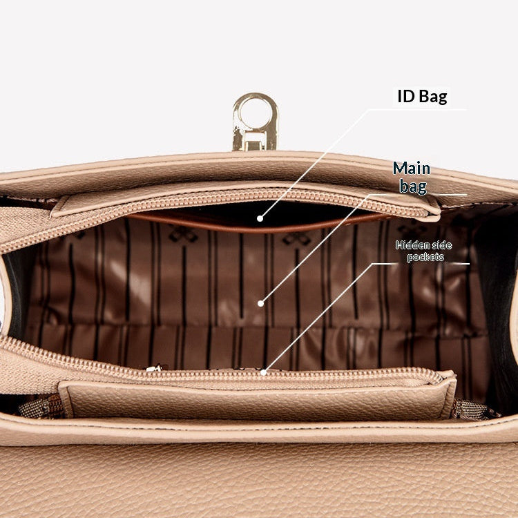 Diagram of a beige handbag's internal structure with labeled compartments.
