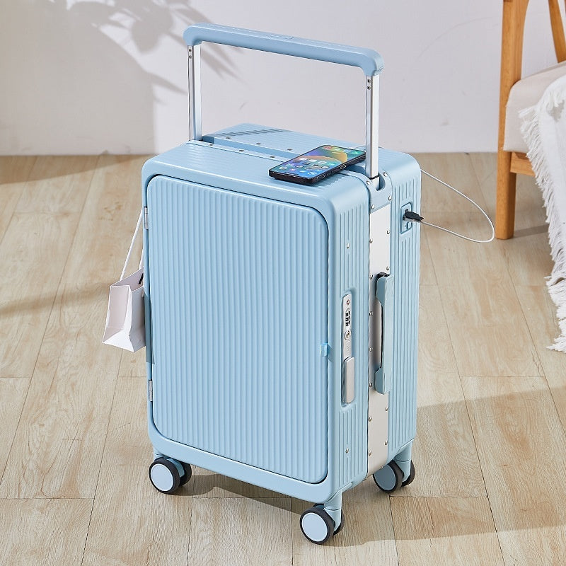 Smart USB Charging Trolley Case – Front-Opening Carry-On Luggage