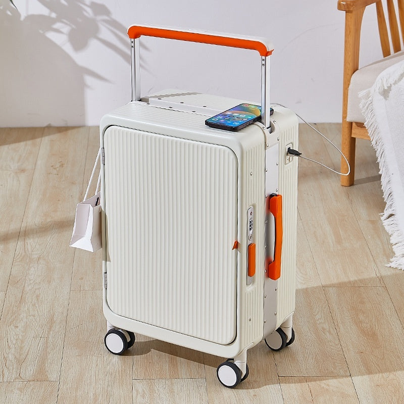 Smart USB Charging Trolley Case – Front-Opening Carry-On Luggage