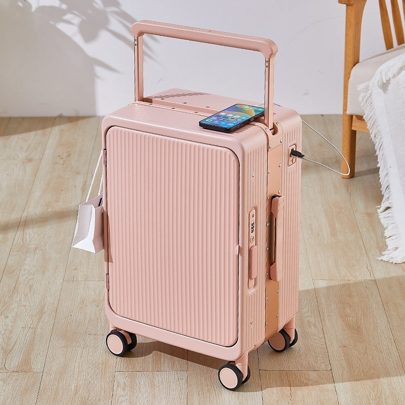 Smart USB Charging Trolley Case – Front-Opening Carry-On Luggage