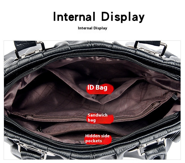Open bag showing internal compartments labeled 'ID Bag', 'Sandwich bag', and 'Hidden side pockets'.