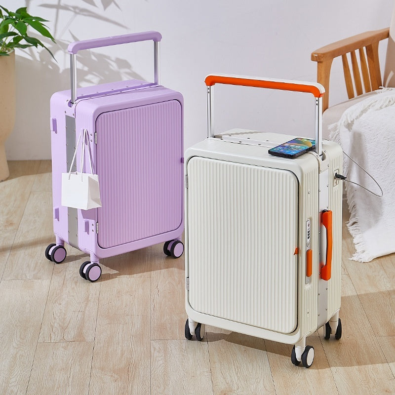 Smart USB Charging Trolley Case – Front-Opening Carry-On Luggage
