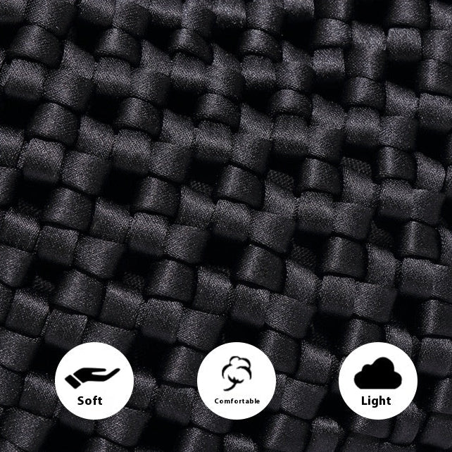 Hand-woven satin fabric with text describing its qualities and icons indicating soft, comfortable, and light properties.