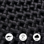 Hand-woven satin fabric with text describing its qualities and icons indicating soft, comfortable, and light properties.